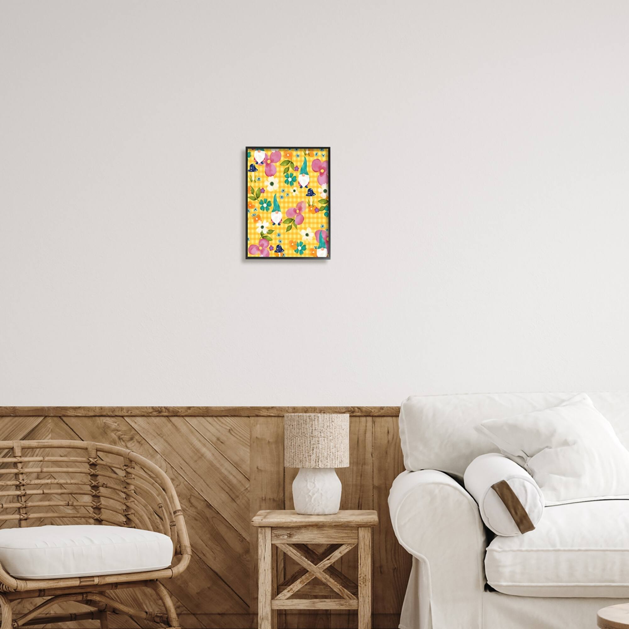 Stupell Industries Yellow Tartan Patterned Spring Gnomes Mushrooms Framed Giclee Art